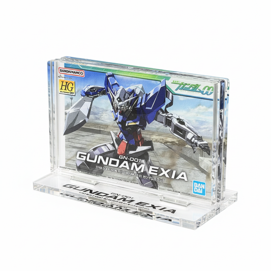 Gundam Base PakeColle HG 1/144 Gundam Exia acrylic display stand featuring box art design - front view on white background